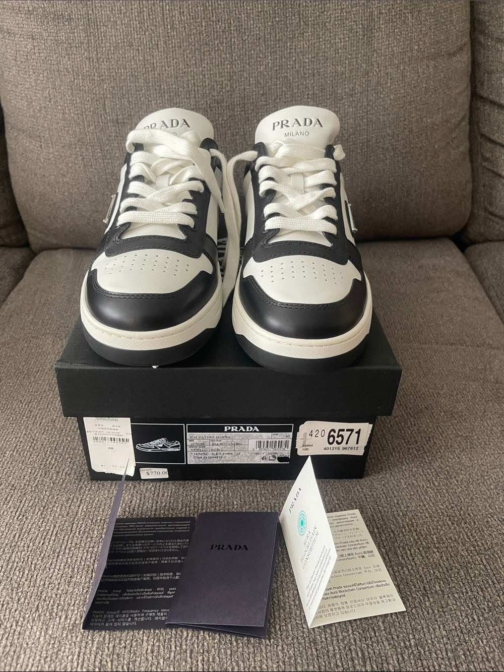 Prada Men’s Black and White Low-Top Leather Sneakers